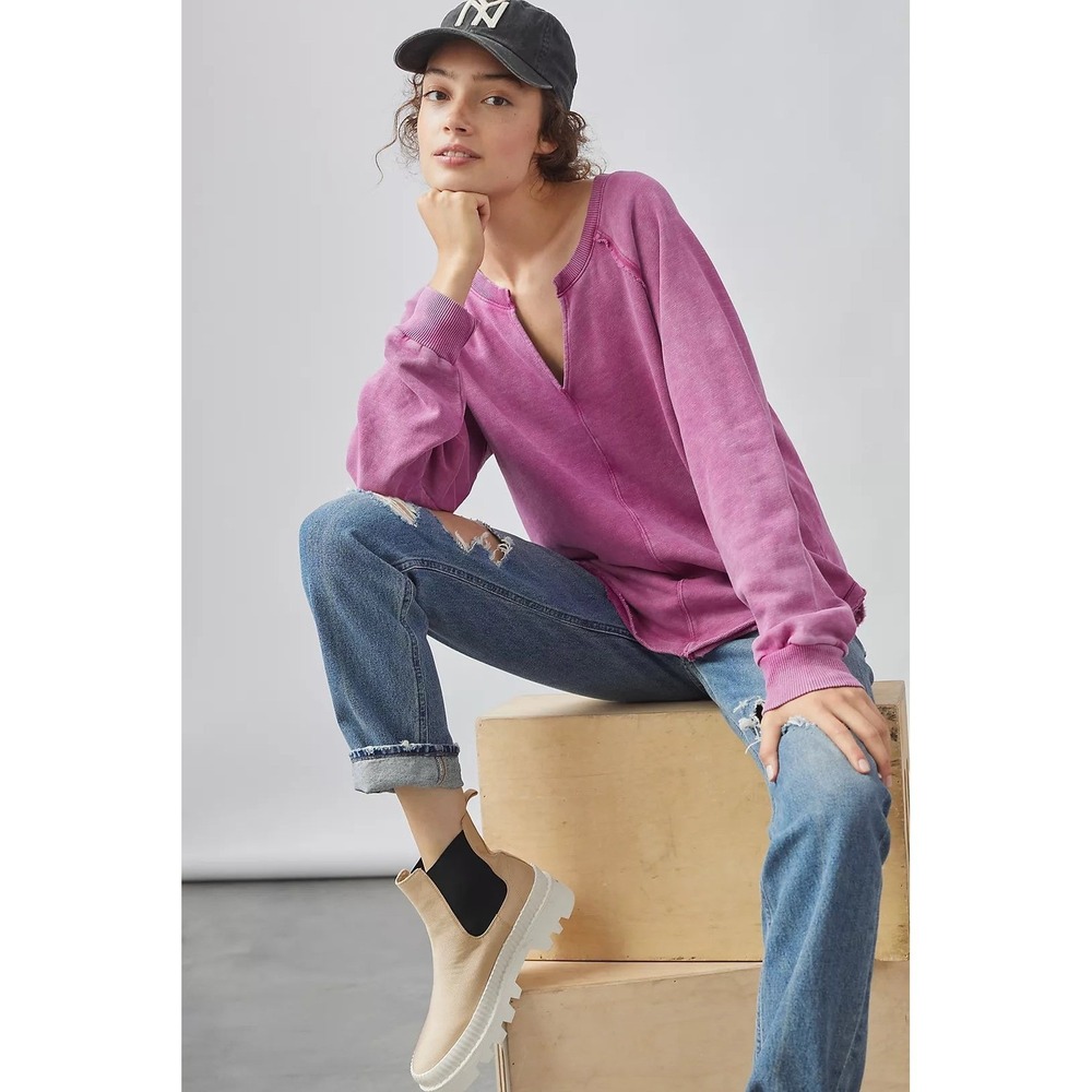 Pilcro Anthropologie Notch Tunic Top V-Neck Raw Hem Sweatshirt Pullover | Small